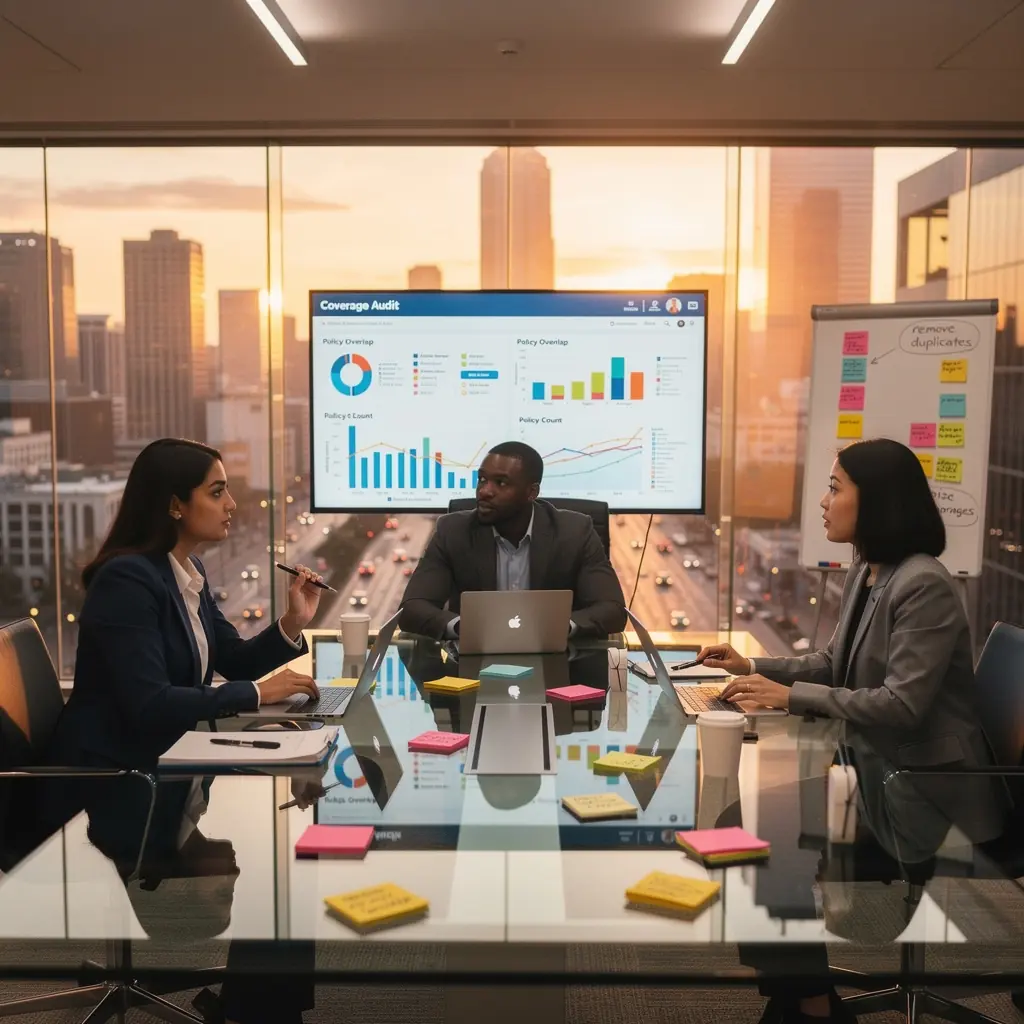 Grafika ilustrująca proces audytu polis w celu usunięcia duplikatów pokrycia ubezpieczeniowego.