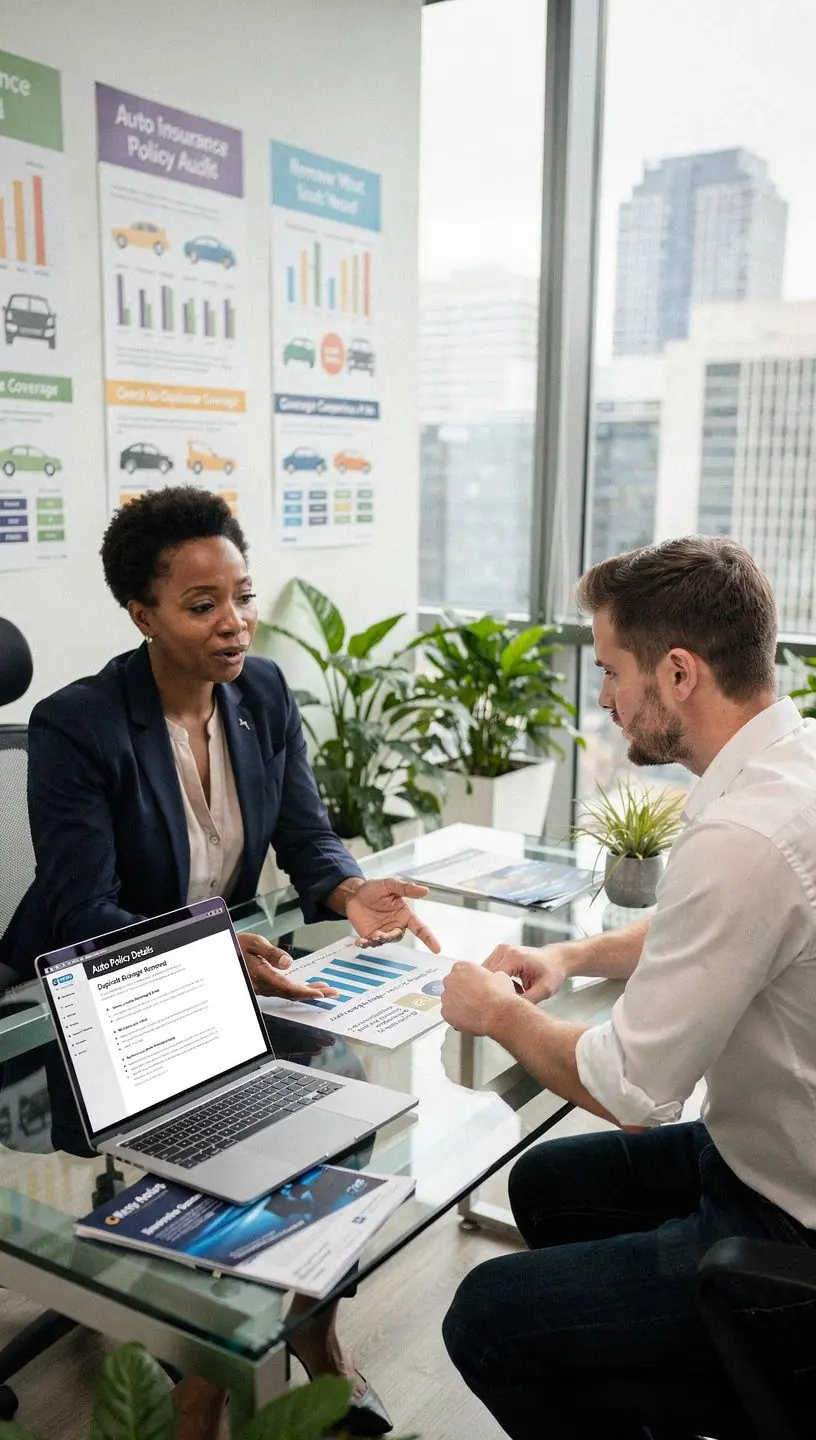 Grafika ilustrująca proces audytu polis ubezpieczeniowych w celu usunięcia zduplikowanej ochrony.