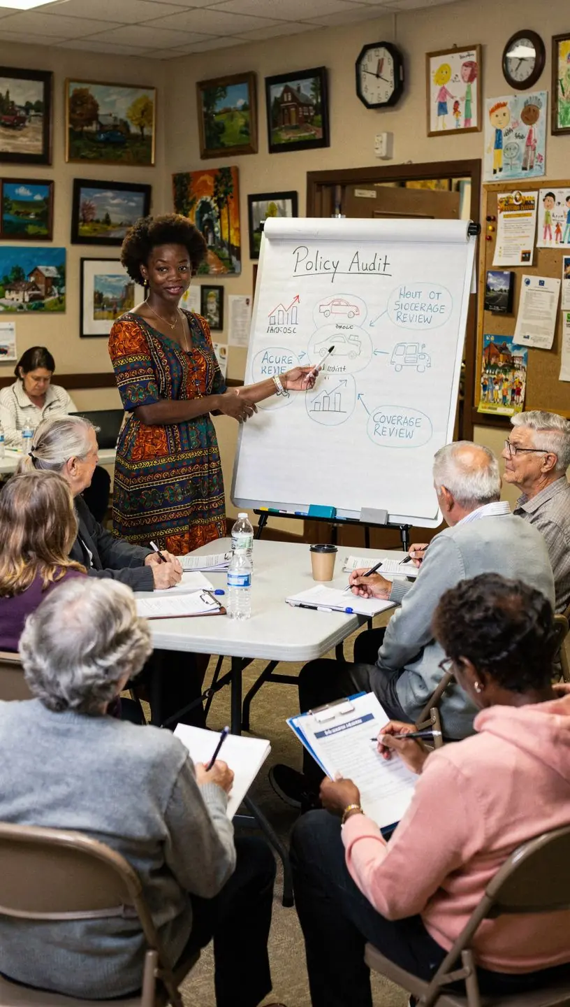 Obrazek przedstawiający zespół ekspertów omawiających różne opcje ubezpieczeń samochodowych podczas spotkania.