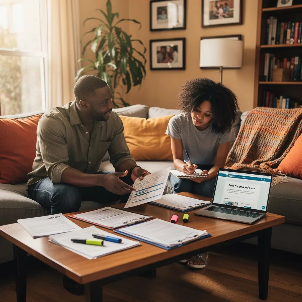 Zespół ekspertów analizujących polisy ubezpieczeniowe samochodów w biurze planowania.