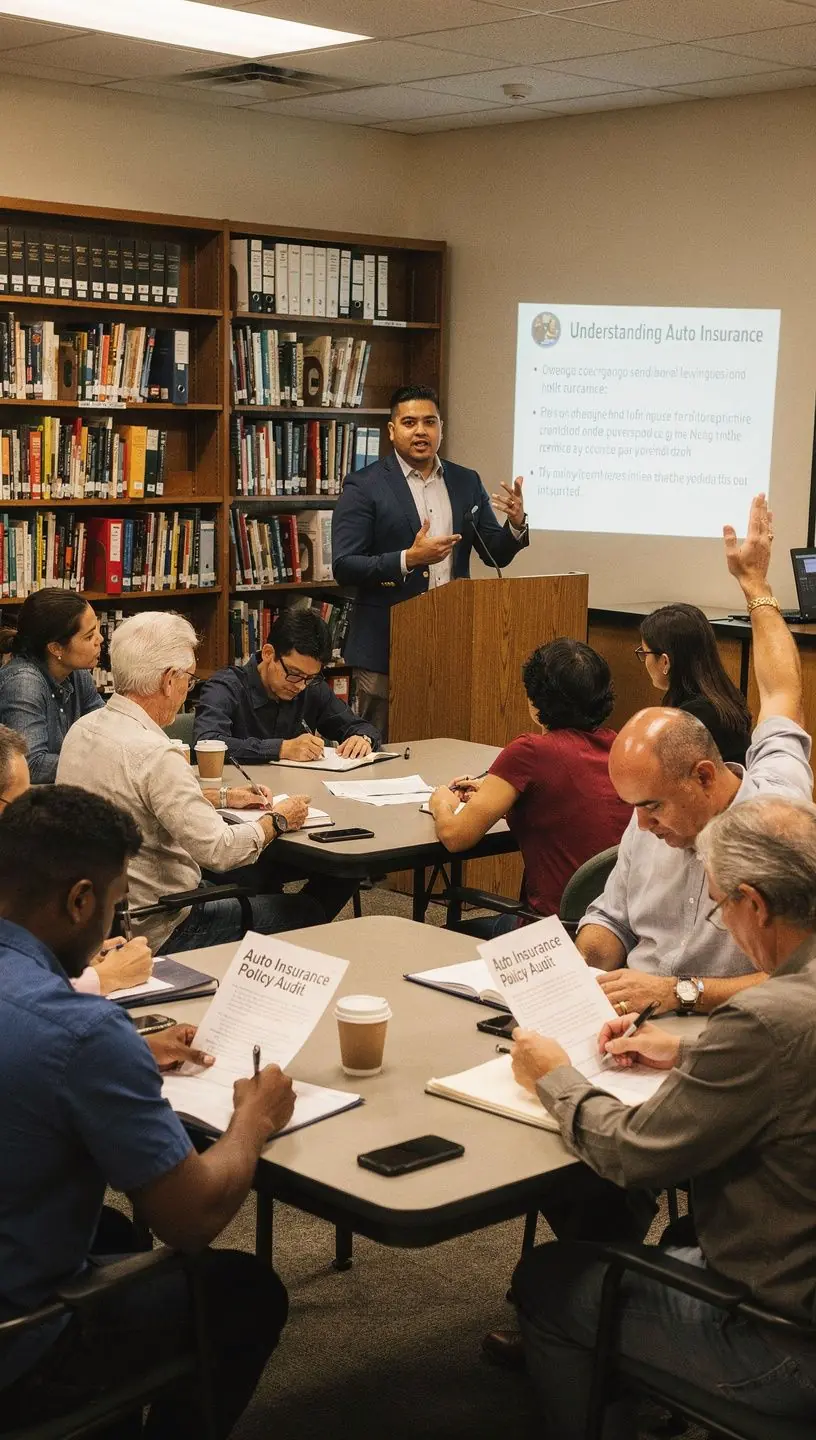 Grupa ludzi pracujących nad audytem polis ubezpieczeniowych w nowoczesnym biurze.
